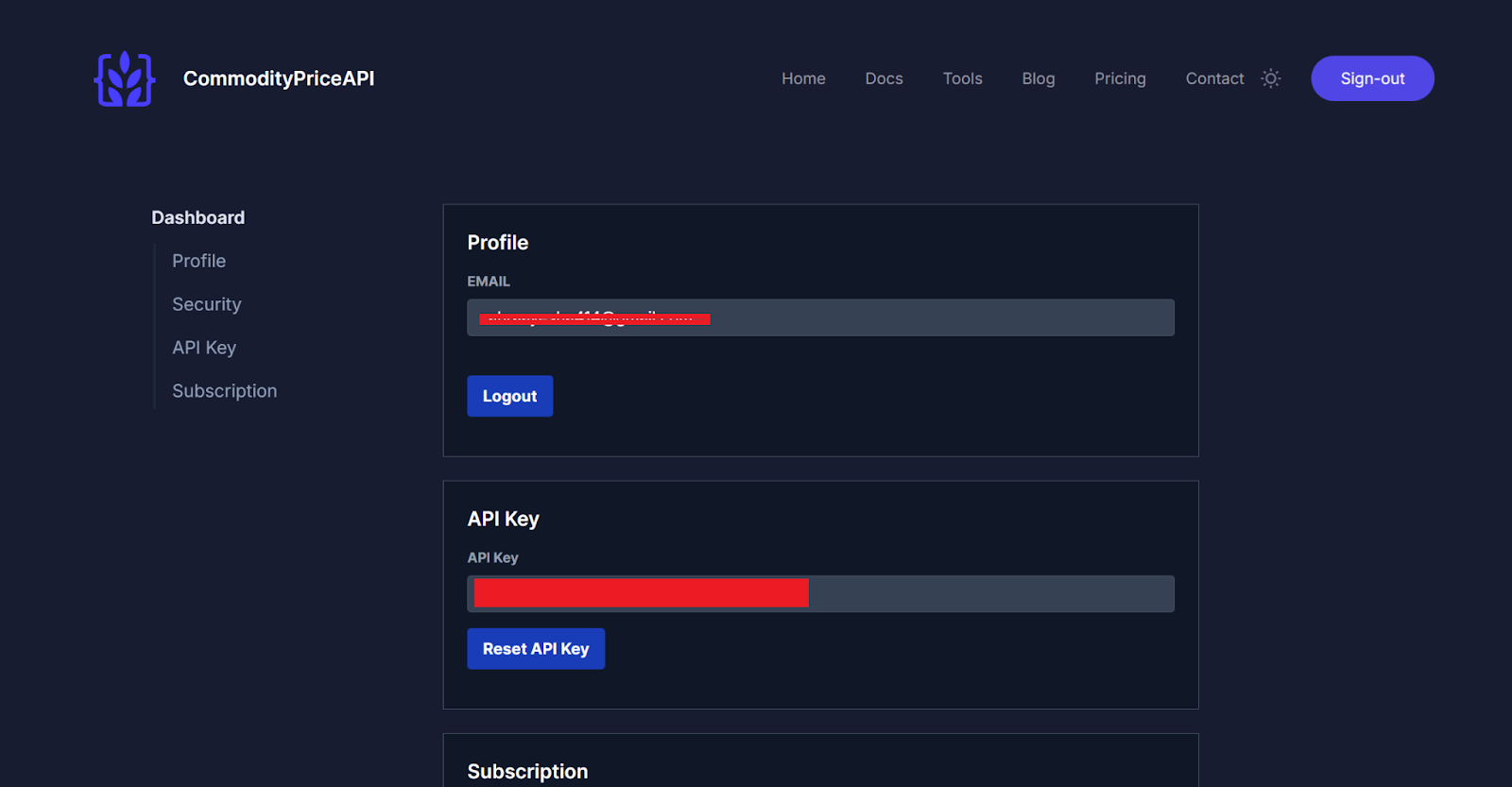 Commodity price api dashboard